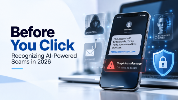 Illustration of a person checking a suspicious online message before clicking a link